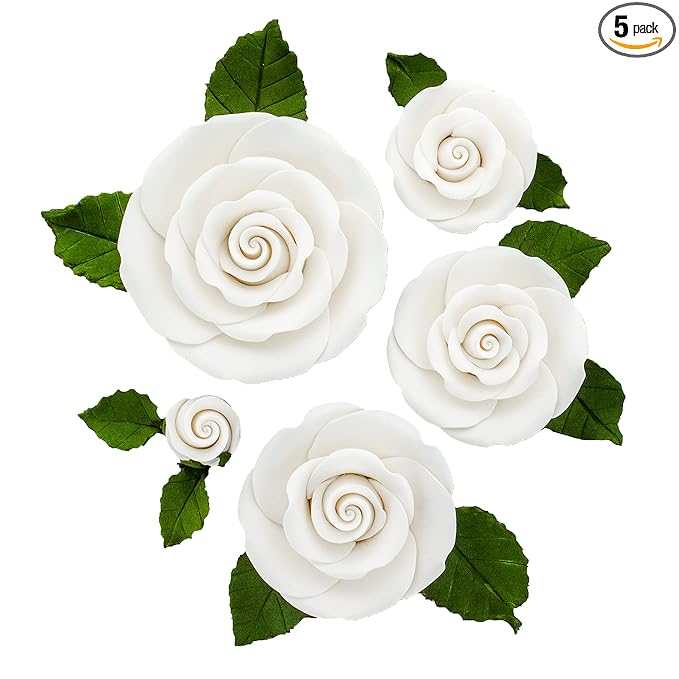 Global Sugar Art Exquisite Rose & Leaf Tray Edible Sugar Cake Flowers, White Unwired, 5 Count by