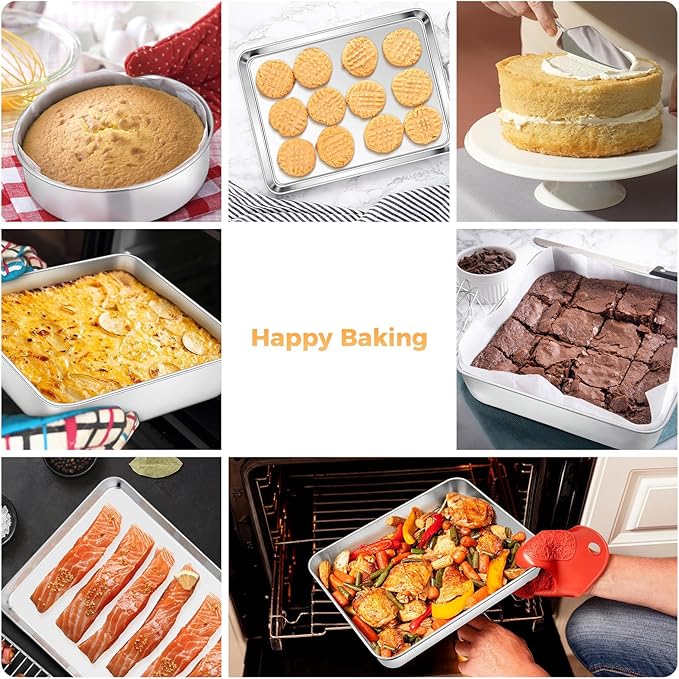 E-far Stainless Steel Baking Pan Set, 6-Piece Metal Bakeware Sets Include Cookie Sheet, Round
