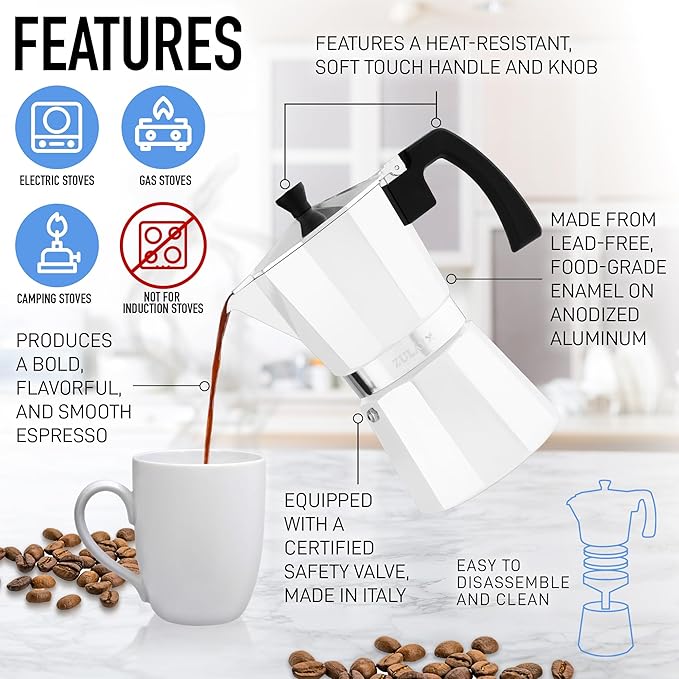 Zulay Moka Pot Espresso Stovetop Coffee Maker - Leak-Proof, Stainless Steel, Easy to Clean, Heat