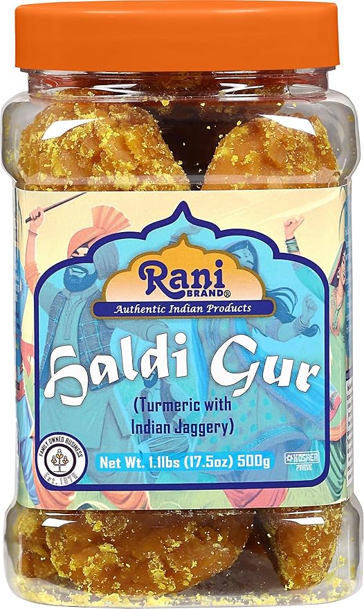 Rani Haldi Gur (Turmeric with Indian Jaggery) Indian Unrefined Raw Cane Sugar 17.5oz (1.1lbs) 500g