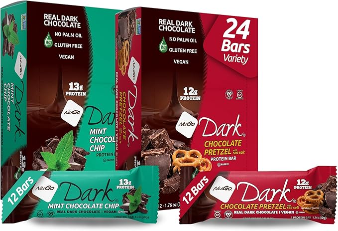 NuGo Dark Variety - Chocolate Pretzel 12 Bars & Mint Chocolate Chip 12 Bars, 12-13g Protein, Vegan