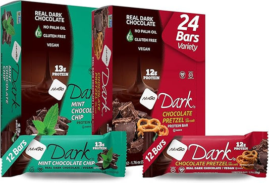 NuGo Dark Variety - Chocolate Pretzel 12 Bars & Mint Chocolate Chip 12 Bars, 12-13g Protein, Vegan