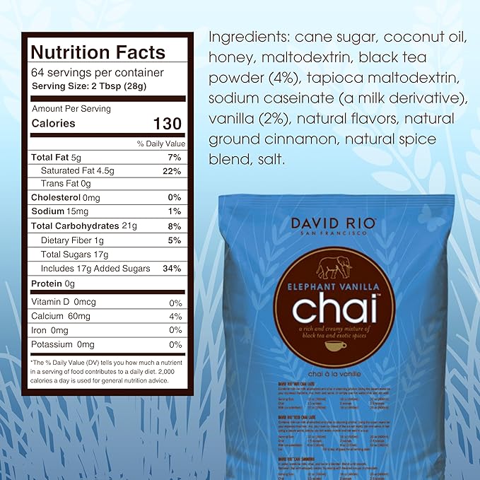 Elephant Vanilla Chai Tea Latte Mix, 64 Oz, Black Tea, Organic Spices, Dairy Free, Serve Hot or