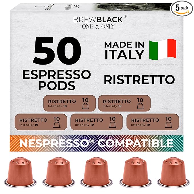 BrewBlack Ristretto Coffee Capsules - 50 Aluminum Coffee Pods Compatible with Nespresso Original