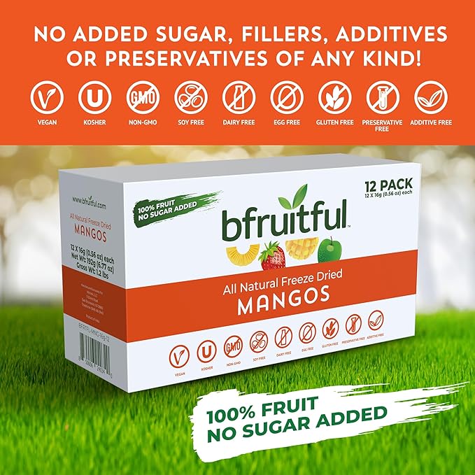 bfruitful Freeze-Dried Mango, Freeze Dried Fresh Fruit Bites, Gluten Free, Vegan, Dairy Free