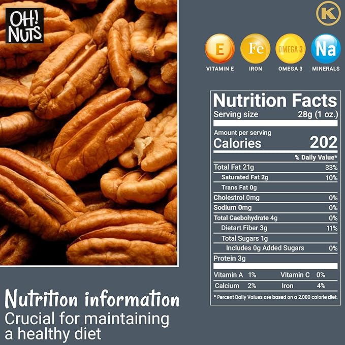 Oh! Nuts Pecans Dry Roasted Unsalted - Kosher, Oil-Free, All Natural Pecans - For Baking, Snacks