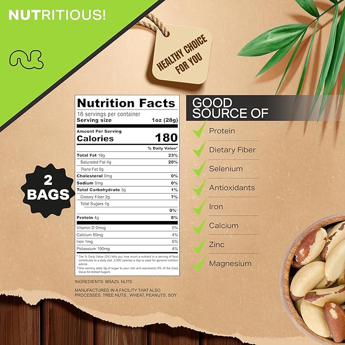 NUT CRAVINGS - Raw Brazil Nuts, Unsalted, No Shell, Whole, (16oz - 2 Pack) Bulk Nuts Packed Fresh