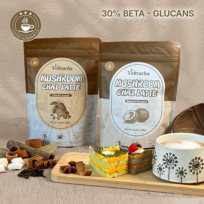 Veltracha Mushroom Chai Tea, Instant Chai Tea Powder with 6 Adaptogenic Mushrooms, Spiced Chai
