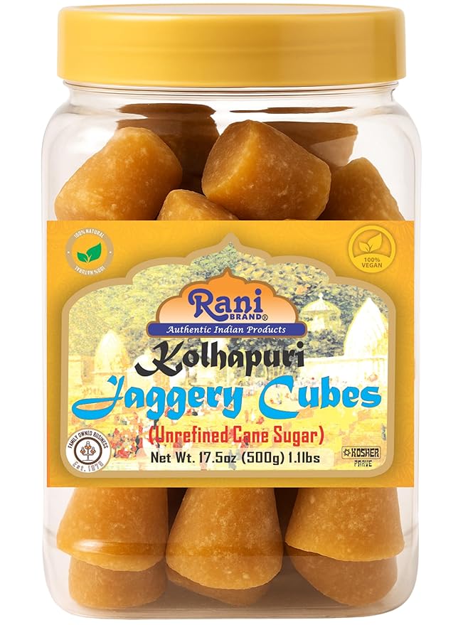 Rani Kolhapuri Jaggery Cubes (Unrefined Cane Sugar) 17.5oz (1.1lbs) 500g PET Jar ~ All Natural, No