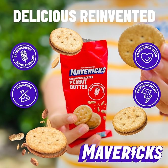 Mavericks Sandwich Crackers Peanut Butter - Plant-Based Peanut Butter Sandwich Snack Crackers