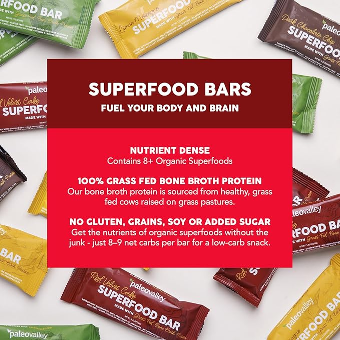 Paleovalley Superfood Bars – Red Velvet– 12 Pack – 9g Protein per Bar – Gluten-Free, Grain-Free