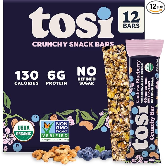 Tosi Cashew Blueberry Protein Bars - Crunchy Nut & Seed Vegan Snack Bars, Gluten Free, 6g Plant