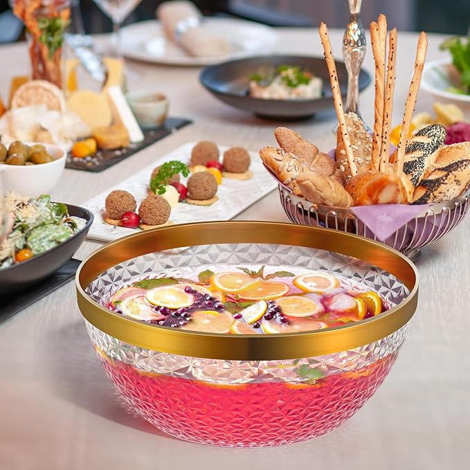 NiHome Plastic Punch Bowl with Ladle and Tong for Parties, Weddings, BBQs, 1.4 Gallon Gold Trim