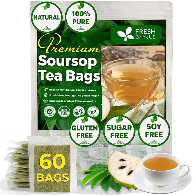FreshDrinkUS, 60 Premium - The Top Soursop Graviola Leaf Tea Bags, 100% Pure & Natural from Soursop