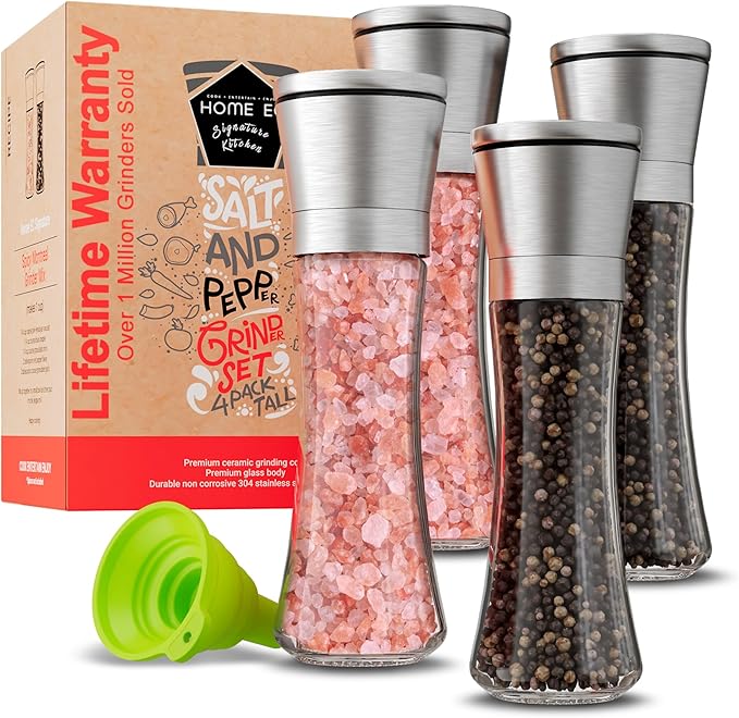 Home EC Original Stainless Steel Sea Salt and Pepper Grinder Set of 4 - Adjustable Ceramic - Tall