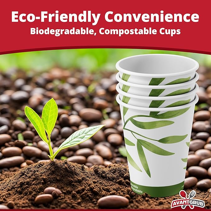 50Pk of 12Oz Recyclable Hot Drink Cups Wood Stirrers and Cardboard Coffee Sleeves. Biodegradable