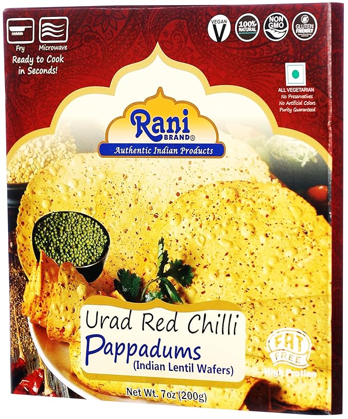 Rani Pappadums (Indian Lentil Wafer Snack) Red Chilli Papad 7oz (200g) Approximately 15pc, 7 inches