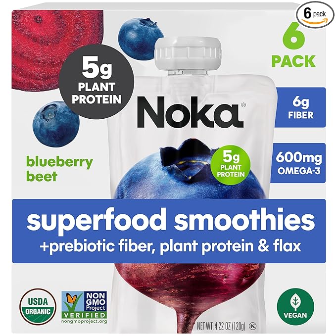 Noka Superfood Fruit Smoothie Pouches, Blueberry Beet, Healthy Snacks with Flax Seed, Plant Protein