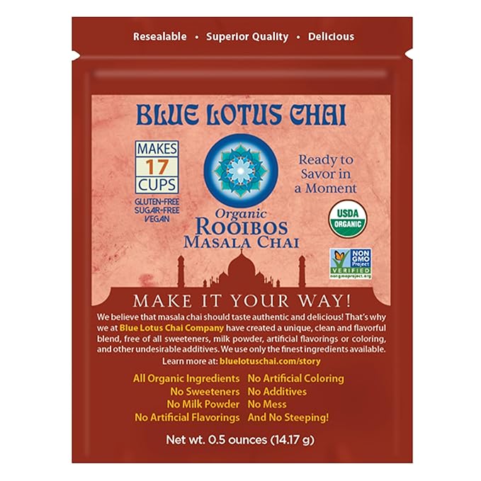 Blue Lotus Chai - Rooibos Masala Chai - Makes 17 Cups - 0.5 oz Pouch Masala Spiced Chai Powder with