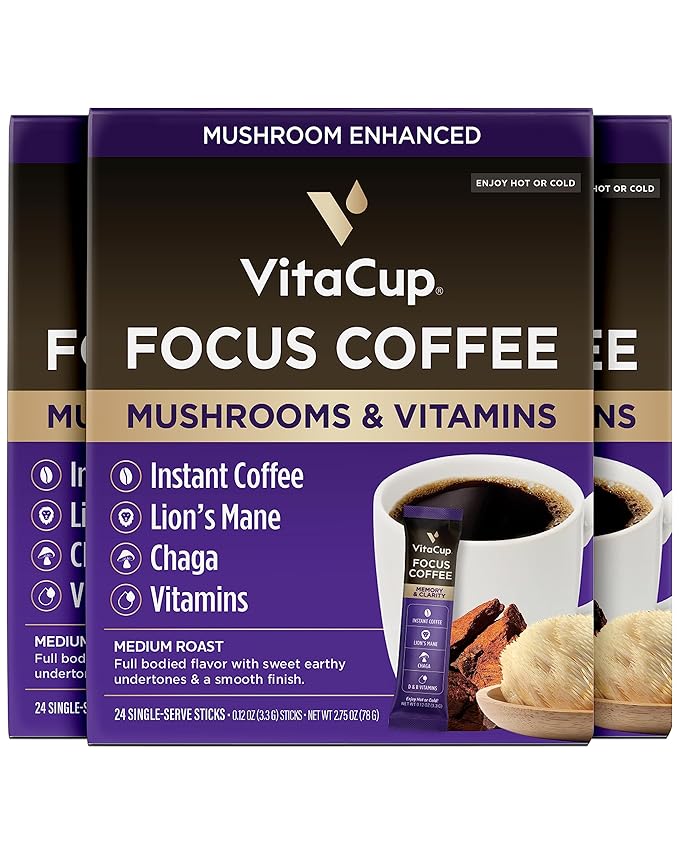 VitaCup Focus Mushroom Coffee Instant Packets, for Memory & Clarity Support, w/Fiber, Chaga, Lion’s