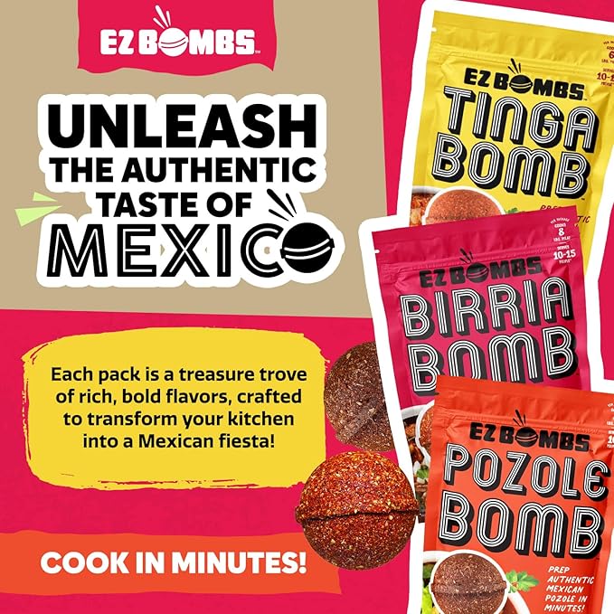 EZ Bombs Variety Pack – Pozole, Tinga & Birria Bomb Seasonings – Authentic Mexican Spice Mix for