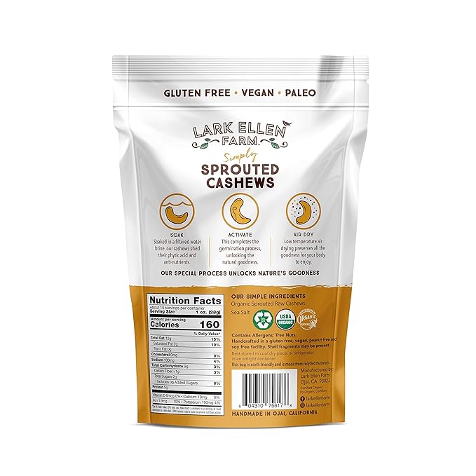 Lark Ellen Farm Whole Cashews, Salted Raw Sprouted Nuts, Certified USDA Organic, Gluten-Free, Vegan