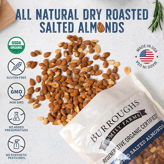 Burroughs Family Farms 3 lb Roasted Salted Almonds – USDA Organic, First Regenerative Organic
