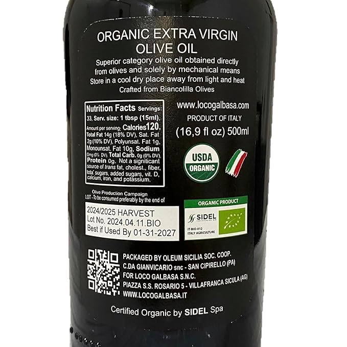 Galbasa - Organic Olive Oil from Sicily, Italy - Extra Virgin, First Cold Pressed, Early Harvest
