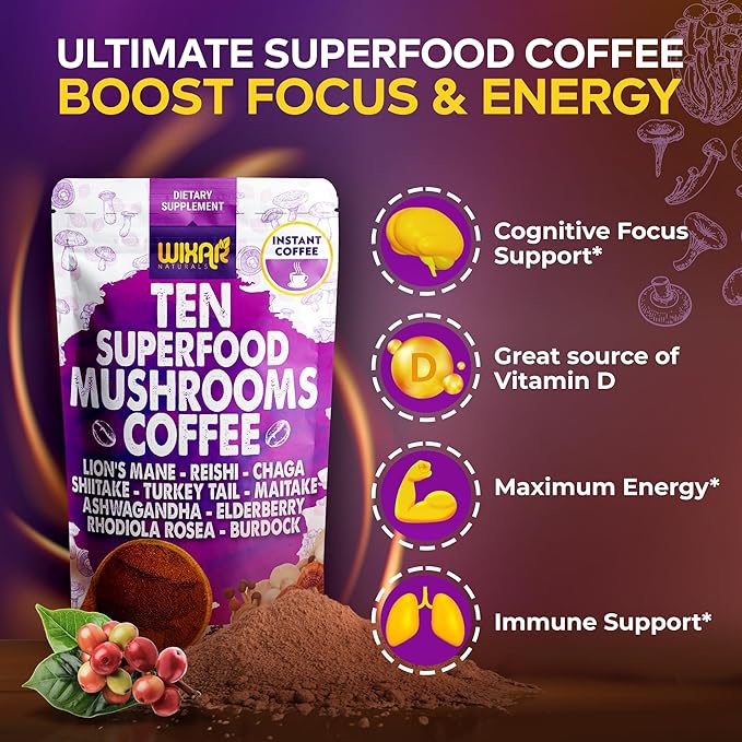 WIXAR Superfood Mushroom Coffee - Instant Coffee Powder, Ten Superfood Extracts with Lion's Mane
