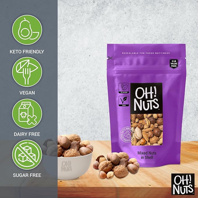 Oh! Nuts Mixed Nuts in Shell - Raw - 100% Natural - 3 lb - Jumbo-Sized Premium Shelled Nuts