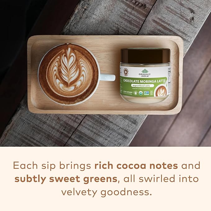 Organic India Chocolate Moringa Latte Powder - Superfood Mix, Moringa Leaf Tea, with Ashwagandha