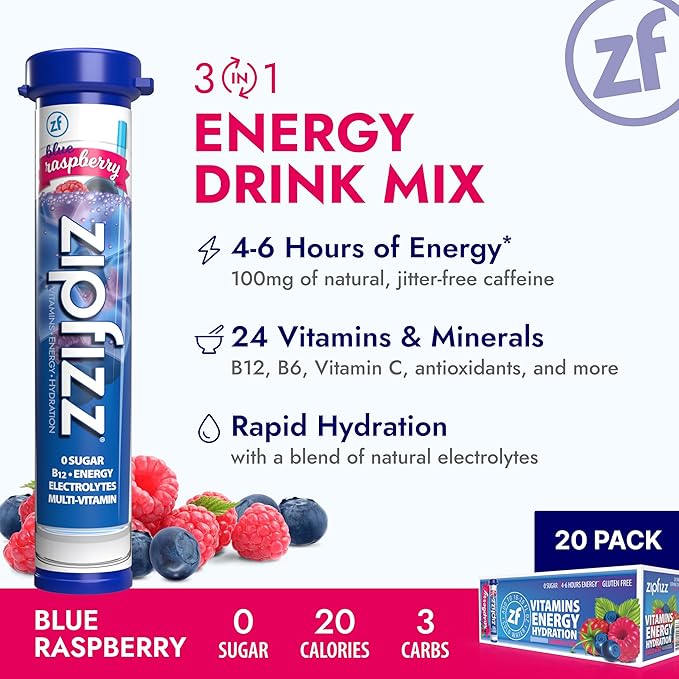 Zipfizz Daily Energy Drink Powder, Blue Raspberry, 20 Pack | 3-in-1 Sustained Energy, Rapid
