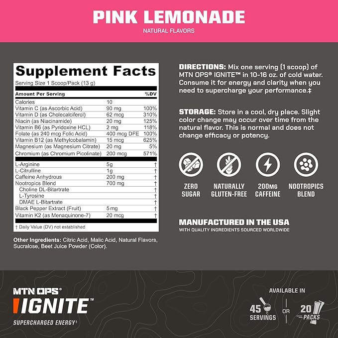 MTN OPS Ignite Trail Packs Energy Drink Powder, Gluten Free Nootropic Supplement Drink Mix, L