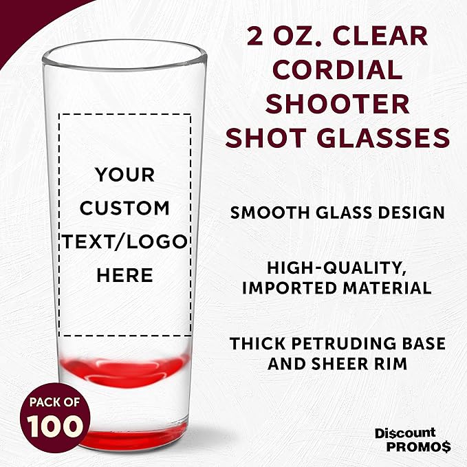 Custom Cordial Shooter Shot Glasses 2 oz. Set of 100, Personalized Bulk Pack - Great for Birthdays