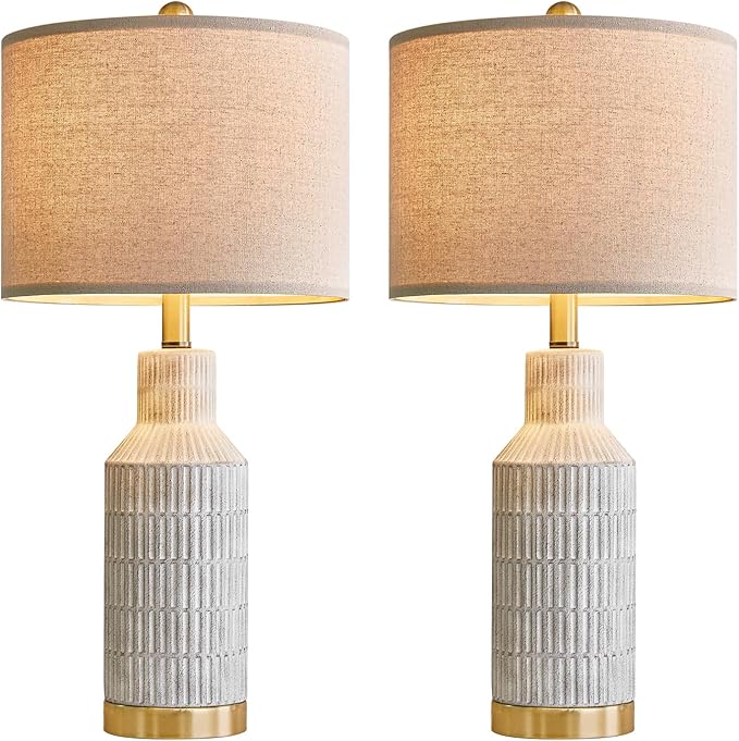 25" Table Lamps Set of 2 - Modern Bedside Lamps for Living Room - White Washed Ceramic Nightstand