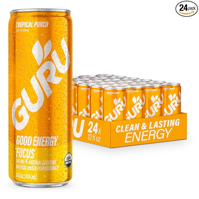 GURU Tropical Punch Organic Energy Drinks, Clean Energy Drink with Plant Based Natural Caffeine