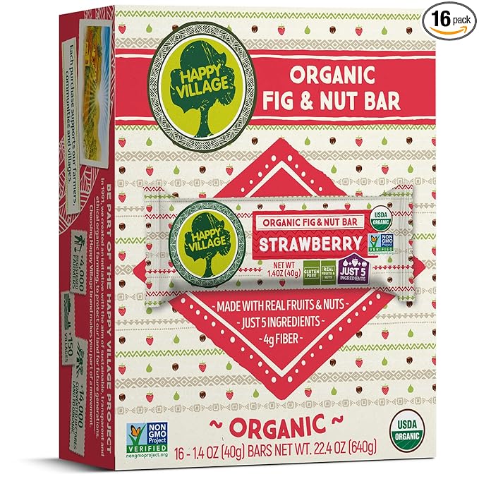 Happy Village Organic Fruit & Nut Bars, STRAWBERRY | Gluten Free, No Refined Sugar, Kosher