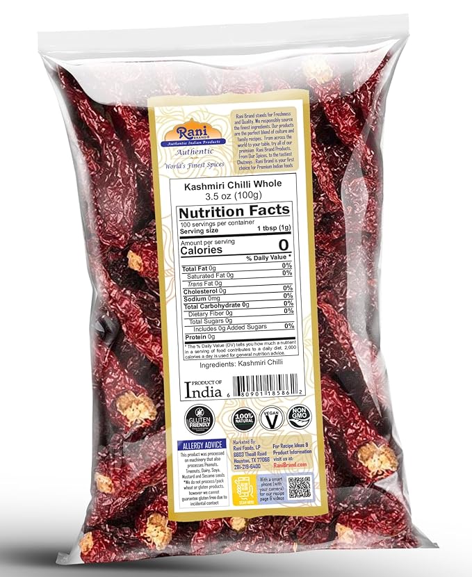 Rani Kashmiri Chilli Whole (Deggi Mirch, Low Heat) 3.5oz (100g) ~ Natural | Salt-Free | Vegan | No