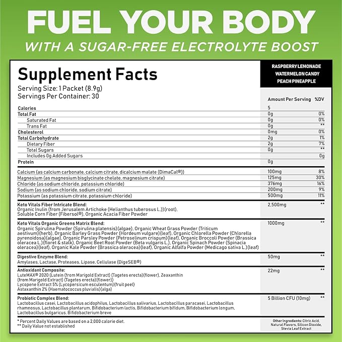 Keto Vitals Keto Electrolytes Plus Greens Superfood Powder Packets - 30 Servings Sugar Free