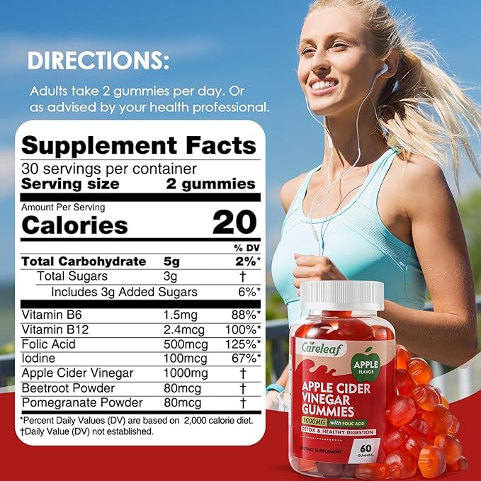 Apple Cider Vinegar Gummies 60 Counts 1000mg AVC with Vitamin B6 Vitamin B12 for Metabolism