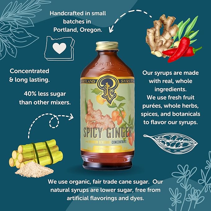 Portland Syrups Spicy Ginger Syrup - Extra Spicy Heat and Fresh Ginger Flavor - Premium Beverage