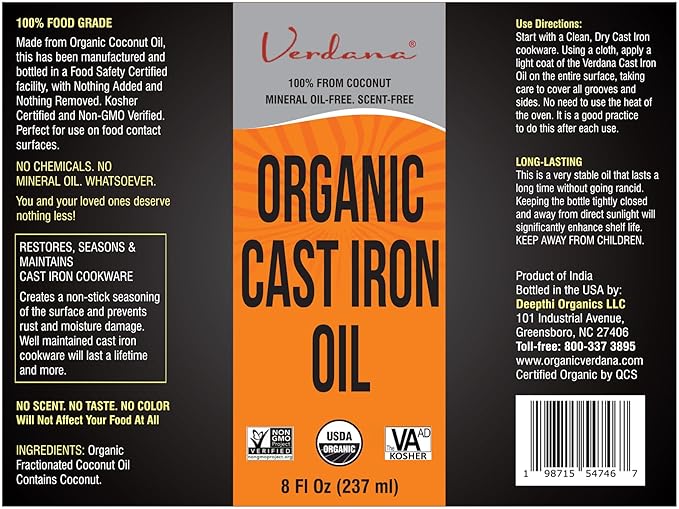 Verdana Cast Iron Seasoning Oil – 8 Fl Oz - Organic, Food Grade, Kosher, Non-GMO - Coconut Derived