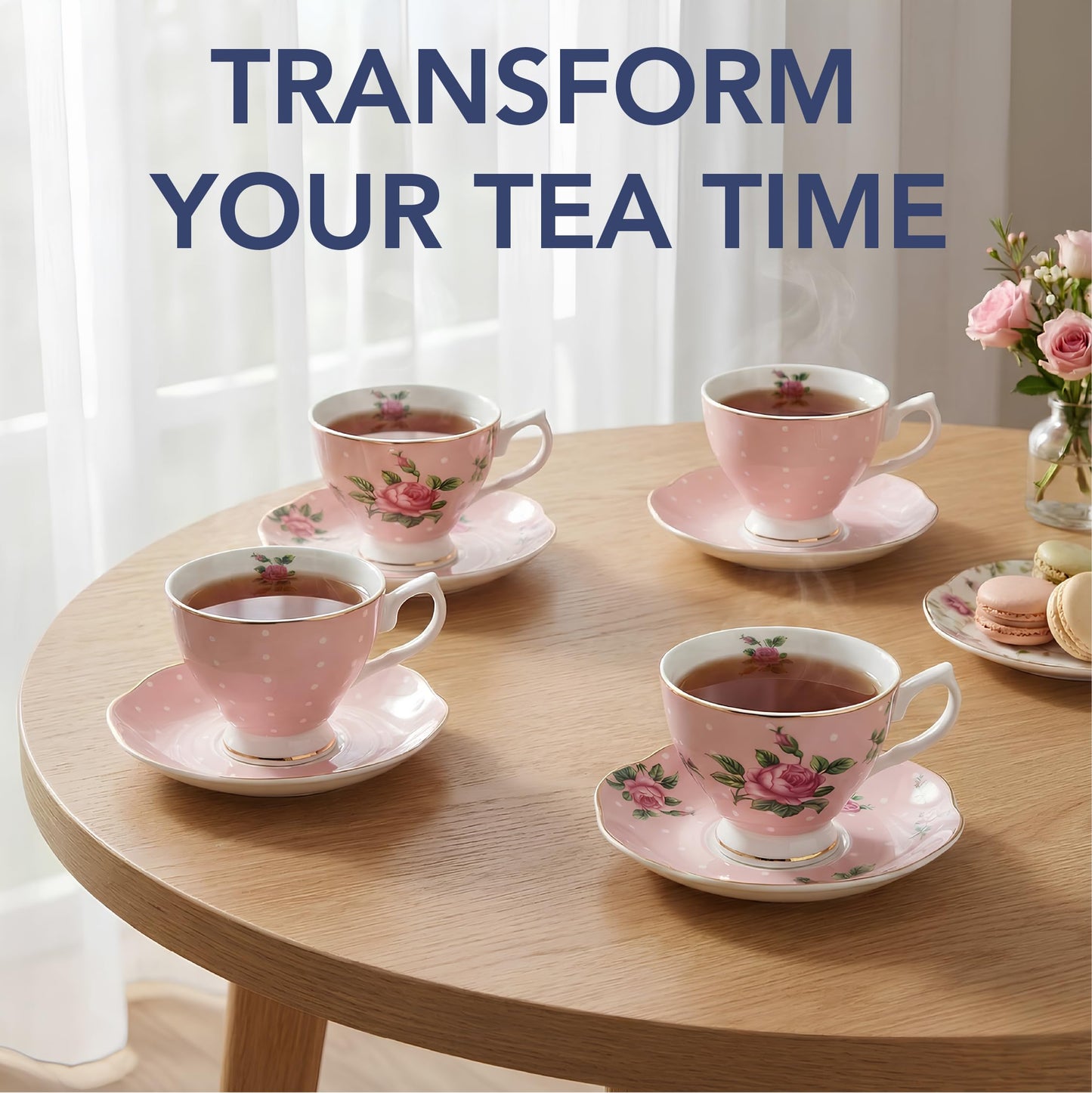BTaT- Floral Tea Cups and Saucers, Set of 4, 8 oz, Fine Porcelain Teacup Set with Gold Trim for