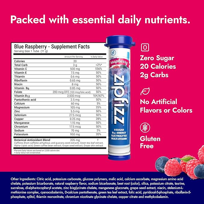 Zipfizz Daily Energy Drink Powder, Blue Raspberry, 20 Pack | 3-in-1 Sustained Energy, Rapid
