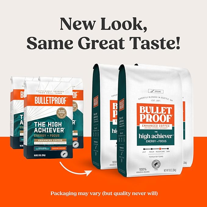 Bulletproof The High Achiever Ground Mushroom Coffee, 10oz (Pack of 3), High Caffeine with Lion's