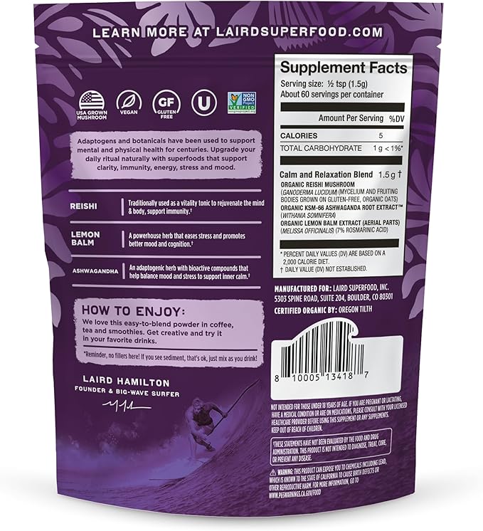 Laird Superfood Organic Calm and Relax Mushroom Blend with Reishi, Lemon Balm, and Ashwagandha