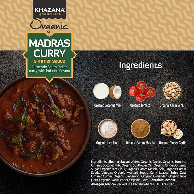Khazana ORGANIC Madras Curry Indian Simmer Sauce - 12.7oz Jars | Non-GMO, Vegan, Gluten Free