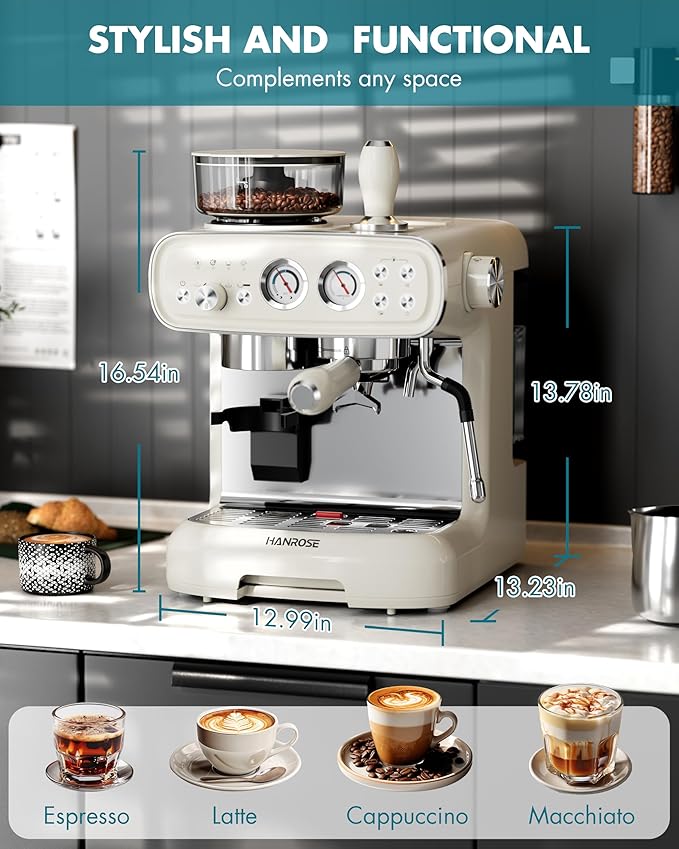 Espresso Machine With Grinder, 20 Bar Espresso Machine with Milk Frother Steam Wand, Espresso