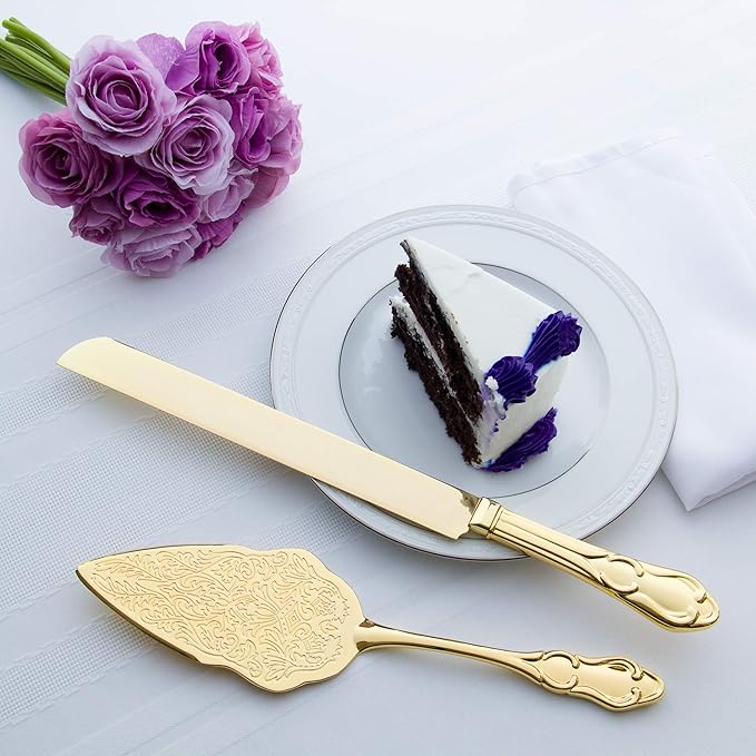 Ella Celebration Gold Wedding Cake Knife & Server Set, Vintage Cake Cutting Utensils, Party