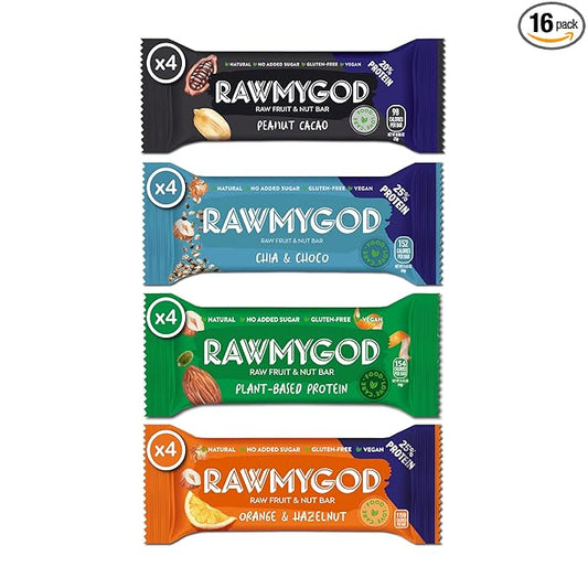 RAWMYGOD Fruit and Nut Bars, Gluten Free, Vegan, No Added Sugar (16 bars, Protein Pack - 4 Orange &